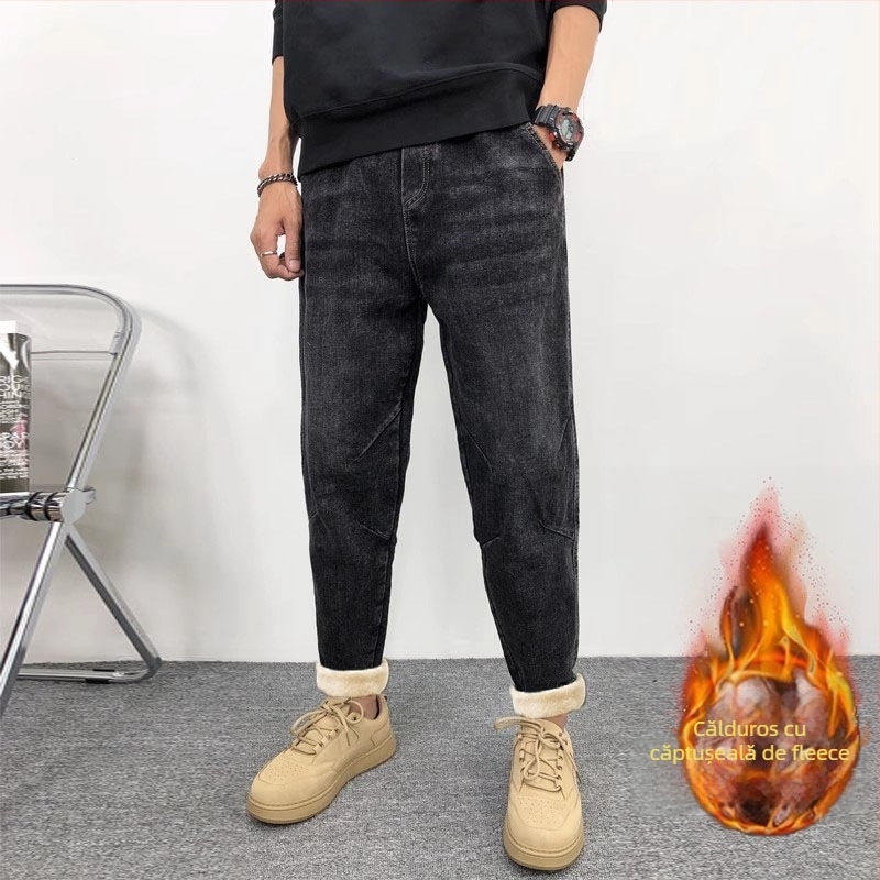 Blugi bărbați cu căptușeală fleece, talie medie, croială lejeră, micro-elastic, gambă mică dreaptă