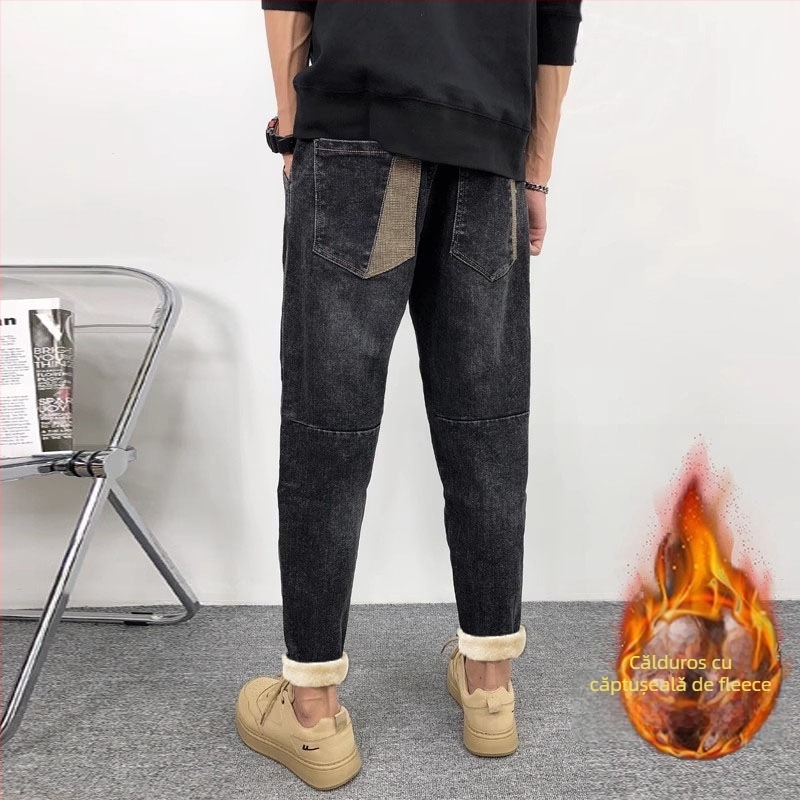 Blugi bărbați cu căptușeală fleece, talie medie, croială lejeră, micro-elastic, gambă mică dreaptă
