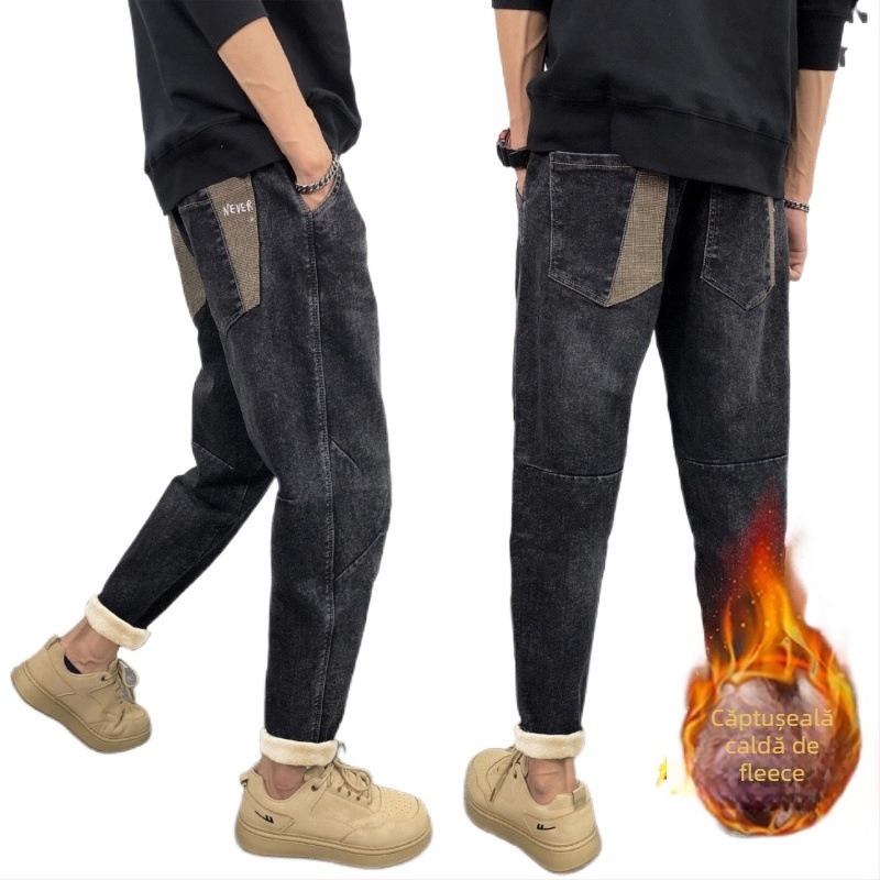Blugi bărbați cu căptușeală fleece, talie medie, croială lejeră, micro-elastic, gambă mică dreaptă