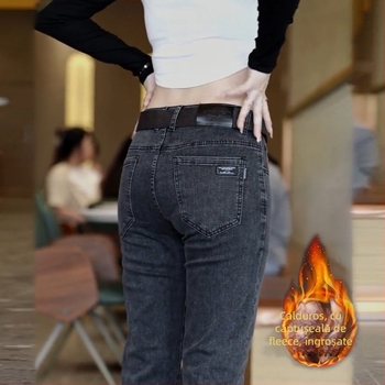 Jeansi bărbați croi drept, denim fleece, căptușeală din fleece, talie medie, închidere cu nasturi