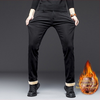 Jeansi bărbați croi drept, denim fleece, căptușeală din fleece, talie medie, închidere cu nasturi