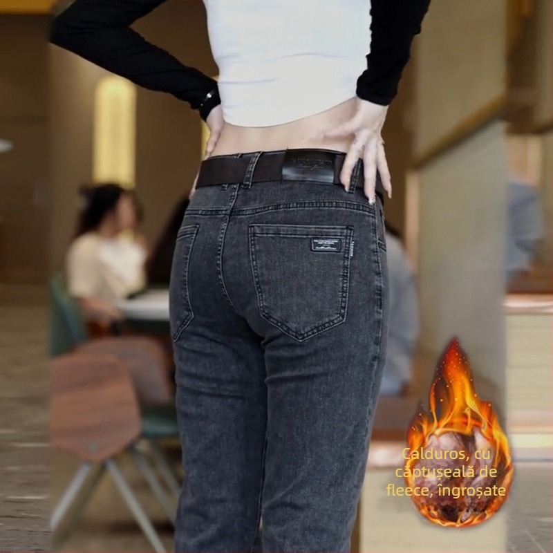 Jeansi bărbați croi drept, denim fleece, căptușeală din fleece, talie medie, închidere cu nasturi