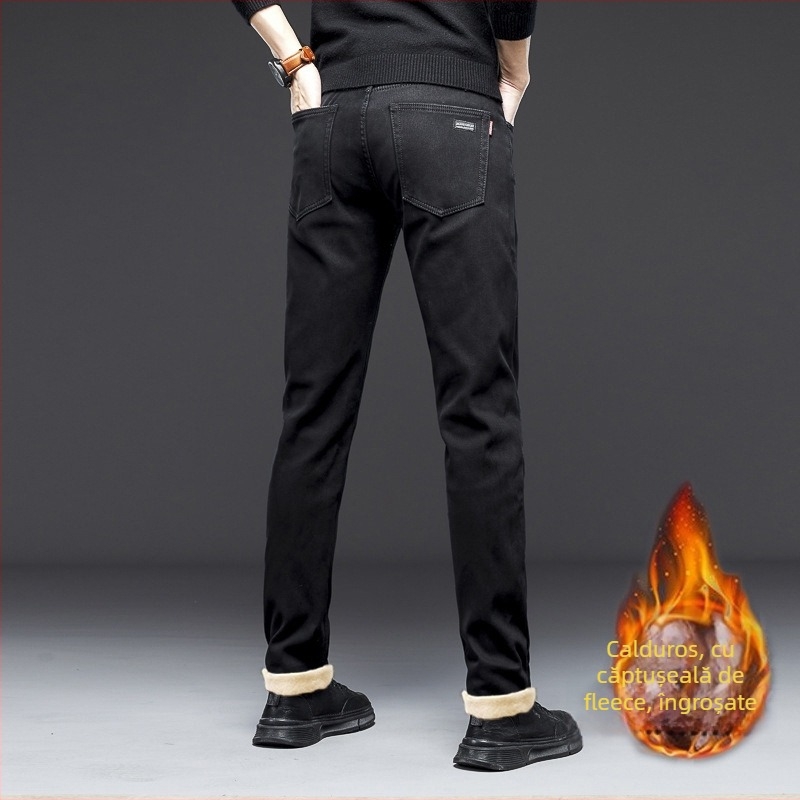 Jeansi bărbați croi drept, denim fleece, căptușeală din fleece, talie medie, închidere cu nasturi