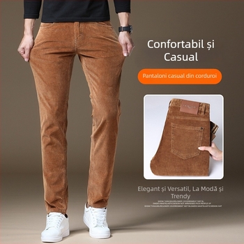 Jeans corduroy pentru bărbați — denim din bumbac cu elastan, talie medie, croială dreaptă, fermoar, grosime de iarnă