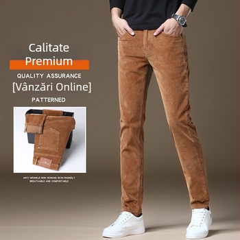 Jeans corduroy pentru bărbați — denim din bumbac cu elastan, talie medie, croială dreaptă, fermoar, grosime de iarnă