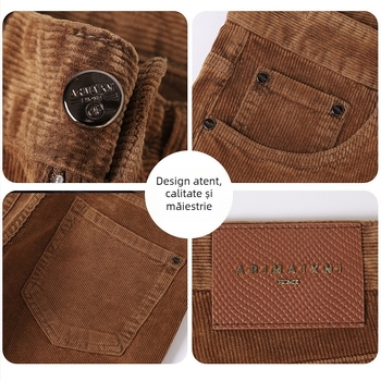 Jeans corduroy pentru bărbați — denim din bumbac cu elastan, talie medie, croială dreaptă, fermoar, grosime de iarnă