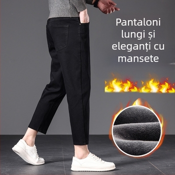 Blugi bărbați drepti, talie medie, fermoar, țesătură modal, căptușeală fleece