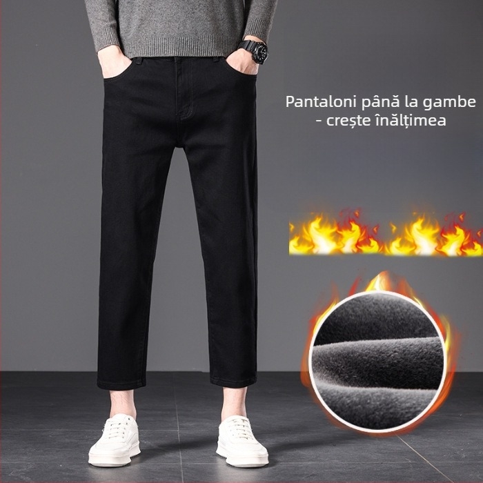 Blugi bărbați drepti, talie medie, fermoar, țesătură modal, căptușeală fleece