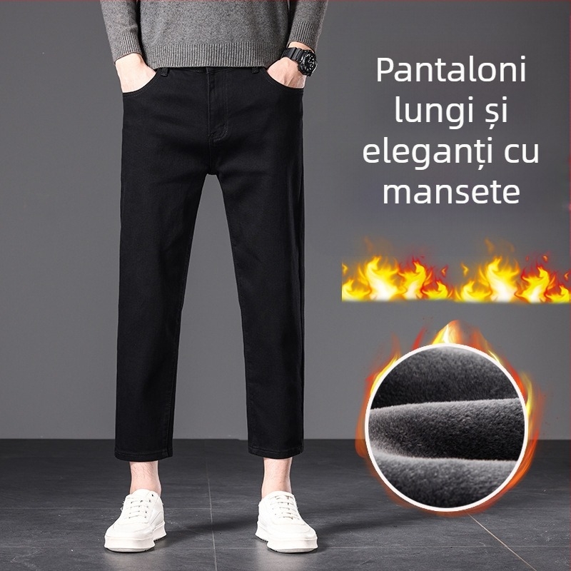 Blugi bărbați drepti, talie medie, fermoar, țesătură modal, căptușeală fleece