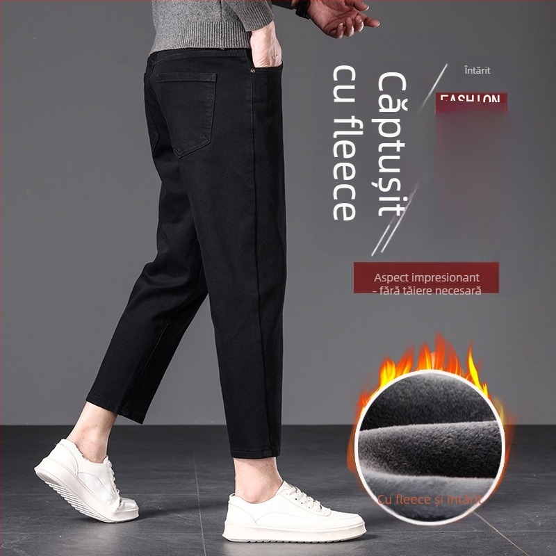 Blugi bărbați drepti, talie medie, fermoar, țesătură modal, căptușeală fleece