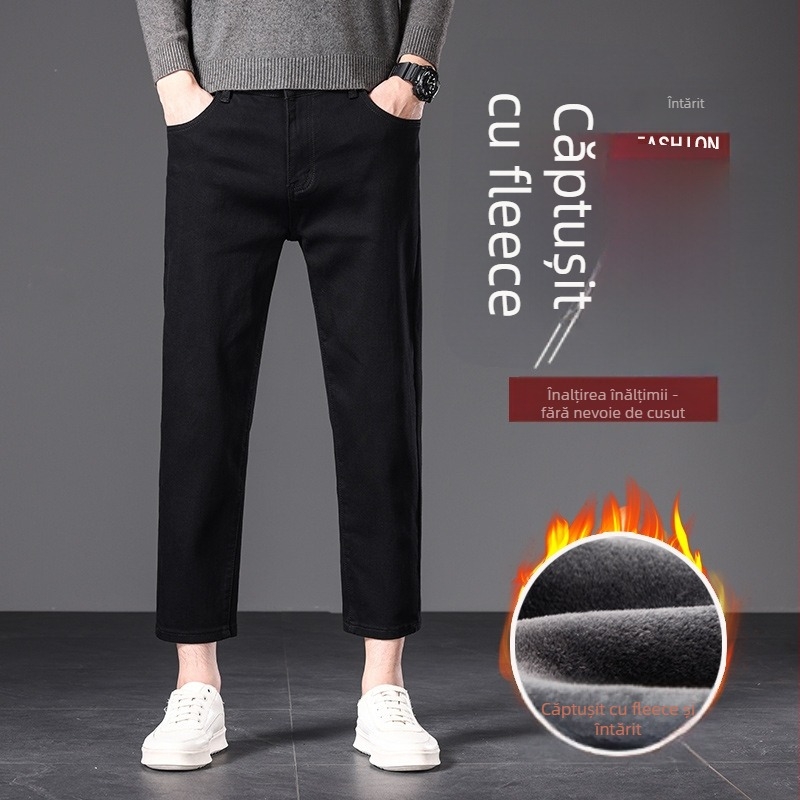 Blugi bărbați drepti, talie medie, fermoar, țesătură modal, căptușeală fleece