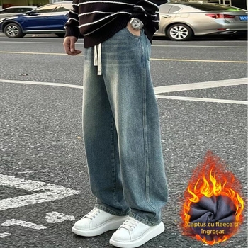 Blugi chenille cu fleece, croială dreaptă, material acrilic, iarnă