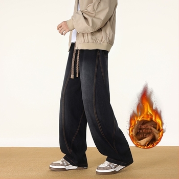 Blugi bărbați drepti, stil vintage, căptușeală fleece, denim din bumbac, talie medie, fermoar, mai multe buzunare.