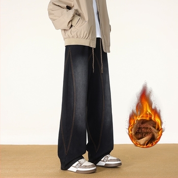 Blugi bărbați drepti, stil vintage, căptușeală fleece, denim din bumbac, talie medie, fermoar, mai multe buzunare.