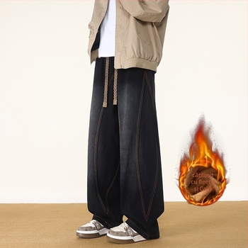 Blugi bărbați drepti, stil vintage, căptușeală fleece, denim din bumbac, talie medie, fermoar, mai multe buzunare.