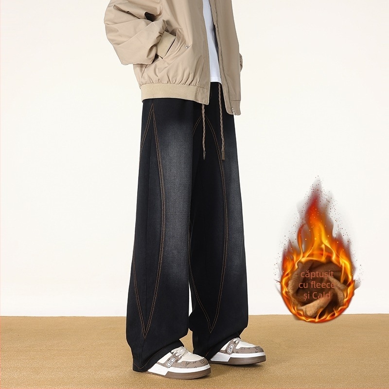 Blugi bărbați drepti, stil vintage, căptușeală fleece, denim din bumbac, talie medie, fermoar, mai multe buzunare.