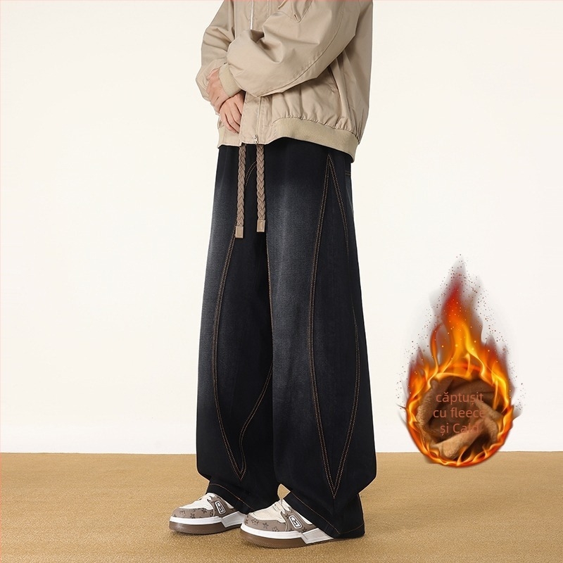 Blugi bărbați drepti, stil vintage, căptușeală fleece, denim din bumbac, talie medie, fermoar, mai multe buzunare.