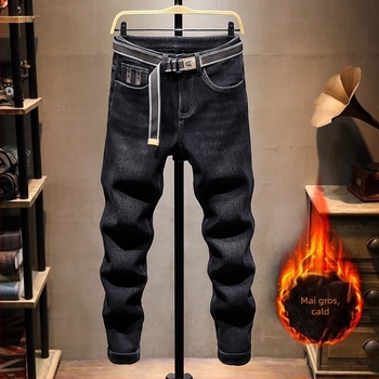 Jeans pentru bărbați, stil coreean, căptuțiți cu fleece, croială strânsă, talie medie, fermoar