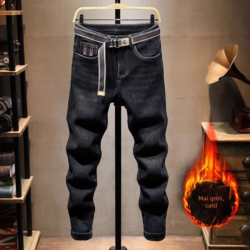 Jeans pentru bărbați, stil coreean, căptuțiți cu fleece, croială strânsă, talie medie, fermoar