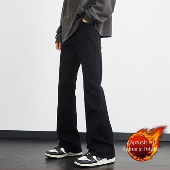 Jeansi unisex cu căptușeală fleece, groși, croială lejeră micro-flare, talie medie, închidere cu fermoar