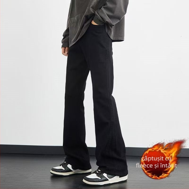 Jeansi unisex cu căptușeală fleece, groși, croială lejeră micro-flare, talie medie, închidere cu fermoar