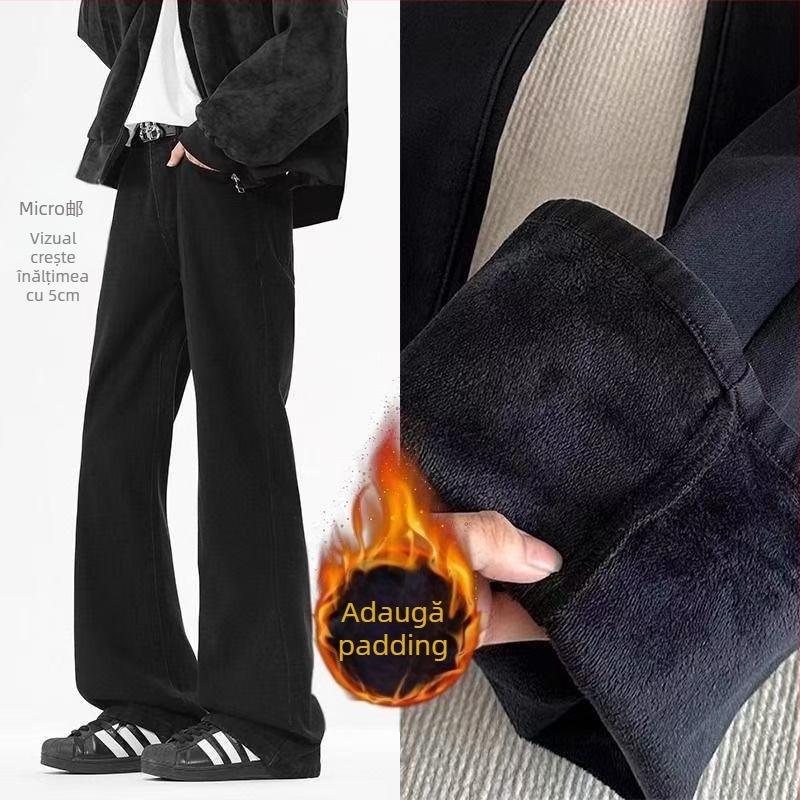 Jeansi unisex cu căptușeală fleece, groși, croială lejeră micro-flare, talie medie, închidere cu fermoar