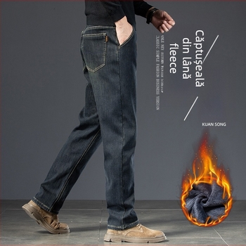 Blugi bărbătești cu căptușeală de fleece, croială dreaptă lejeră, pantaloni casual călduroși de iarnă, model 2024