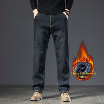 Blugi bărbătești cu căptușeală de fleece, croială dreaptă lejeră, pantaloni casual călduroși de iarnă, model 2024