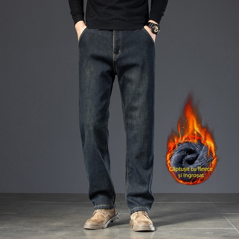 Blugi bărbătești cu căptușeală de fleece, croială dreaptă lejeră, pantaloni casual călduroși de iarnă, model 2024