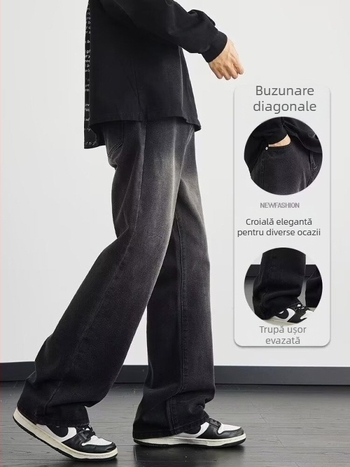 Blugi de bărbați, drepti, cu fleece, talie medie, închidere cu șiret, 80% poliester, iarnă