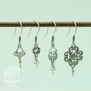 Cârlig pentru cercei din argint S925 – vintage, finisaj mat, mic totem floral, componentă DIY semi-finisată