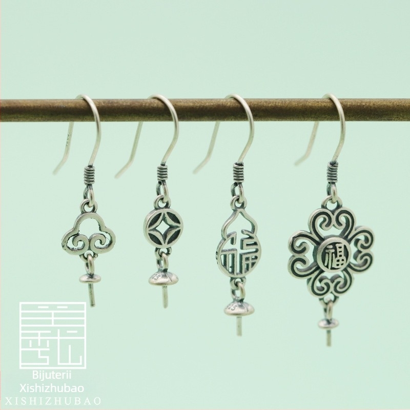 Cârlig pentru cercei din argint S925 – vintage, finisaj mat, mic totem floral, componentă DIY semi-finisată