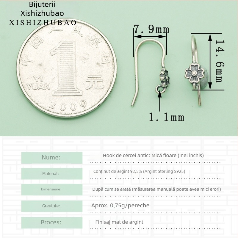 Cârlig pentru cercei din argint S925 – vintage, finisaj mat, mic totem floral, componentă DIY semi-finisată