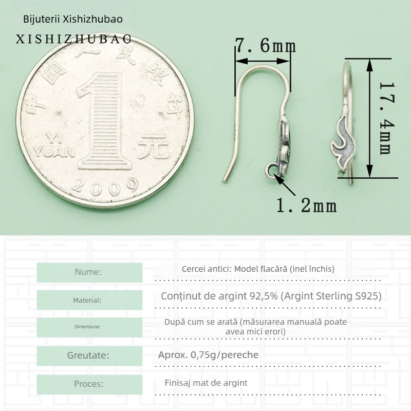 Cârlig pentru cercei din argint S925 – vintage, finisaj mat, mic totem floral, componentă DIY semi-finisată