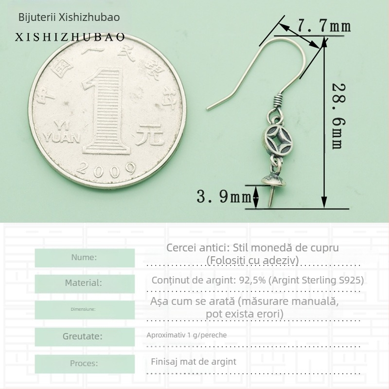 Cârlig pentru cercei din argint S925 – vintage, finisaj mat, mic totem floral, componentă DIY semi-finisată