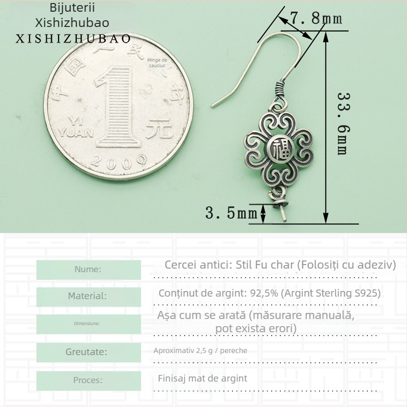Cârlig pentru cercei din argint S925 – vintage, finisaj mat, mic totem floral, componentă DIY semi-finisată