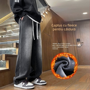 Jeansi denim căptușiți cu fleece, talie medie, croială lejeră, drept, casual pentru ziua obișnuită