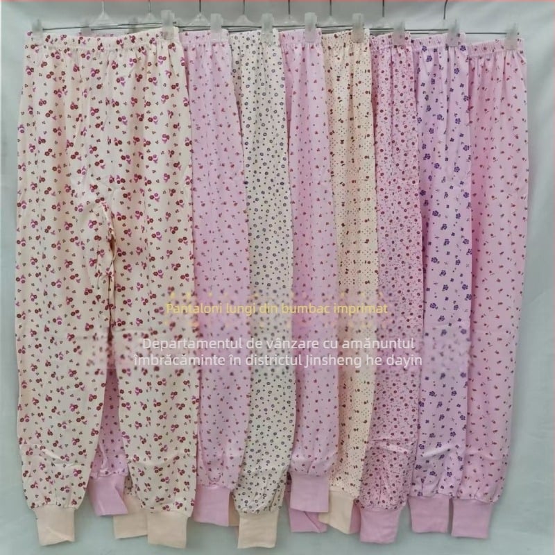 Pantaloni damă din bumbac cu imprimeu floral, călduroși, dintr-un singur strat, 100% bumbac, greutate a țesăturii 181–200 g/m²