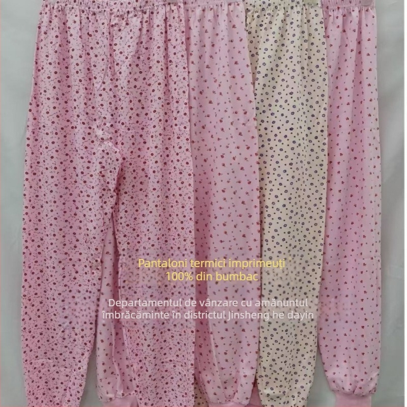 Pantaloni damă din bumbac cu imprimeu floral, călduroși, dintr-un singur strat, 100% bumbac, greutate a țesăturii 181–200 g/m²