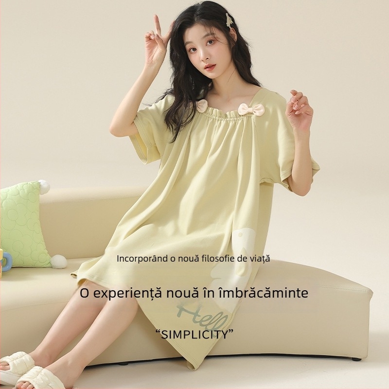 rochie de noapte din bumbac 100% pentru vară — lungime midi, guler rotund, mâneci 3/4, respirabilă