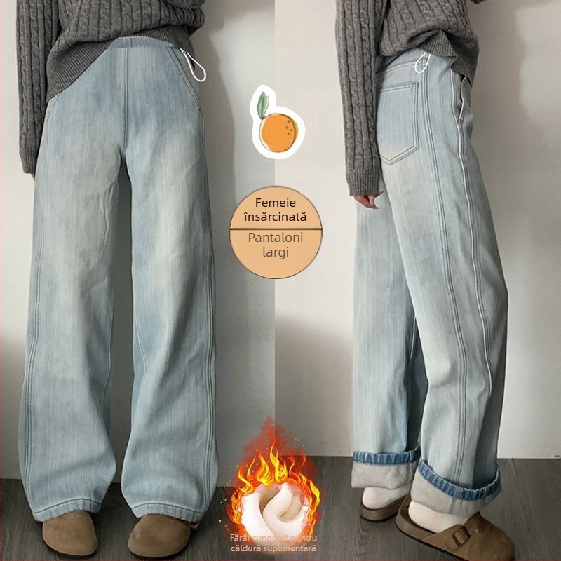 Pantaloni de denim pentru femei însărcinate, croială lejeră, lungime 3/4, țesătură chenille, spandex sub 30%