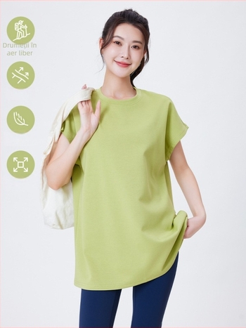 Tricou T cu mâneci flutter, guler rotund, croială lejeră, amestec din bumbac/poliester/elastan, pentru sport și yoga, pentru femei