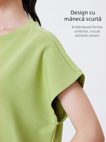 Tricou T cu mâneci flutter, guler rotund, croială lejeră, amestec din bumbac/poliester/elastan, pentru sport și yoga, pentru femei