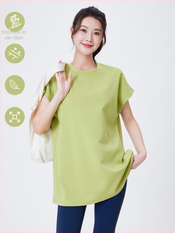 Tricou T cu mâneci flutter, guler rotund, croială lejeră, amestec din bumbac/poliester/elastan, pentru sport și yoga, pentru femei