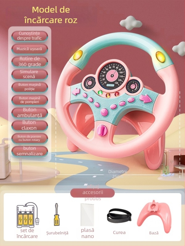 Volan pentru copii pentru bancheta din spate a mașinii – simulare de condus, din plastic, pentru sugari și copii mici (0–3 ani)