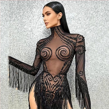 Rochie de dans latino cu paiete și franjuri, tiv asimetric, material plasă cu peste 95% elastan; stil urban închis pentru scenă