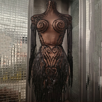 Rochie de dans latino cu paiete și franjuri, tiv asimetric, material plasă cu peste 95% elastan; stil urban închis pentru scenă