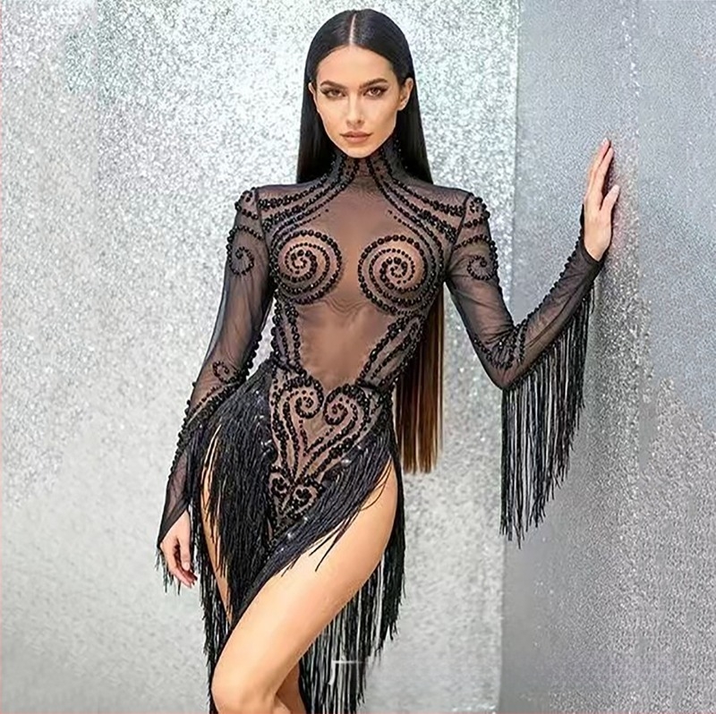 Rochie de dans latino cu paiete și franjuri, tiv asimetric, material plasă cu peste 95% elastan; stil urban închis pentru scenă