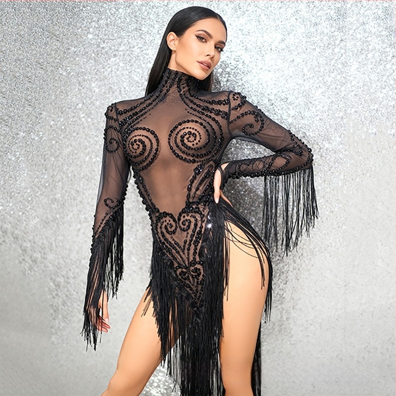 Rochie de dans latino cu paiete și franjuri, tiv asimetric, material plasă cu peste 95% elastan; stil urban închis pentru scenă