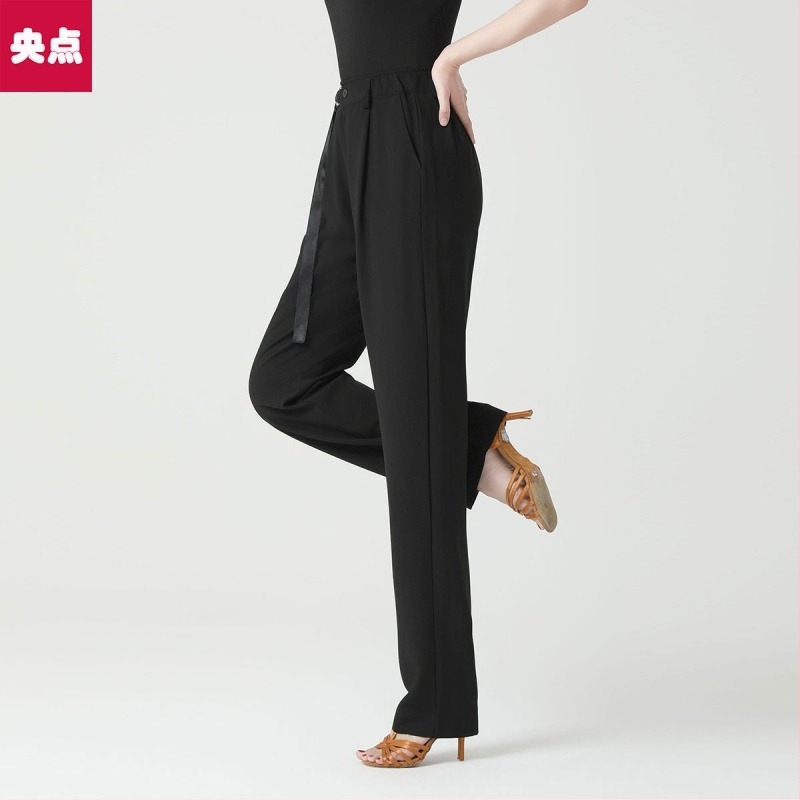Pantaloni unisex pentru dansuri ballroom Latin, panglică drapată, poliester cu spandex, fără călcare